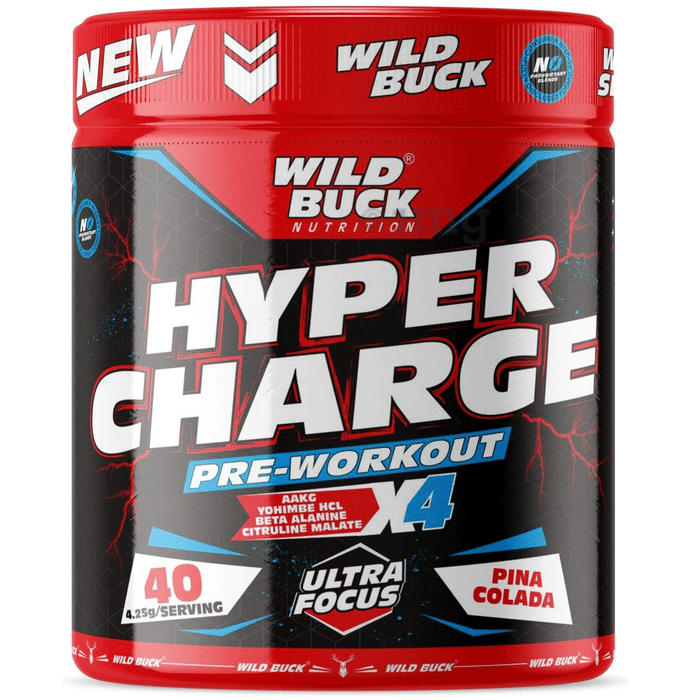 Wild Buck Hyper Charge Pre-Workout X4 with Creatine Monohydrate & Arginine for Energy, Muscle Endurance & Focus | Flavour Pina Colada