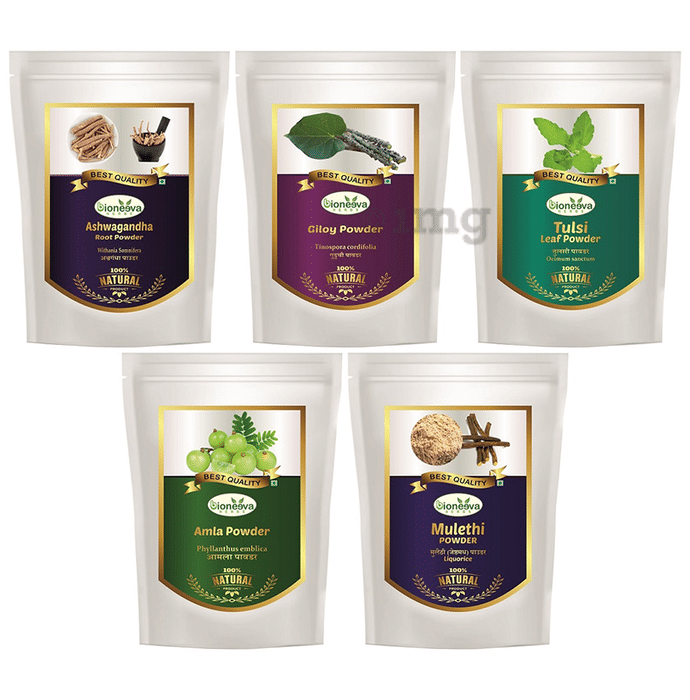 Bioneeva Herbs Combo Pack of Ashwagandha Root Powder, Giloy Powder, Tulsi Leaf Powder, Amla Powder & Mulethi Powder (100gm Each)