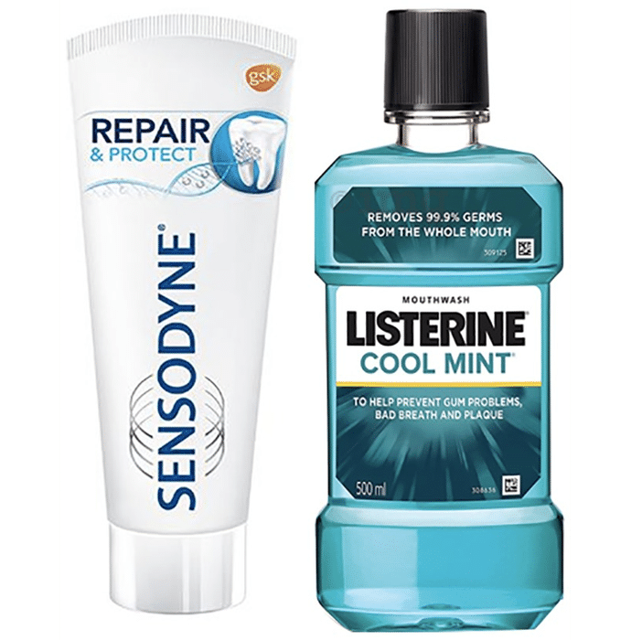 Oral Care Combo of Listerine Mouth Wash Cool Mint 500ml and Sensodyne Repair & Protect Toothpaste 100gm