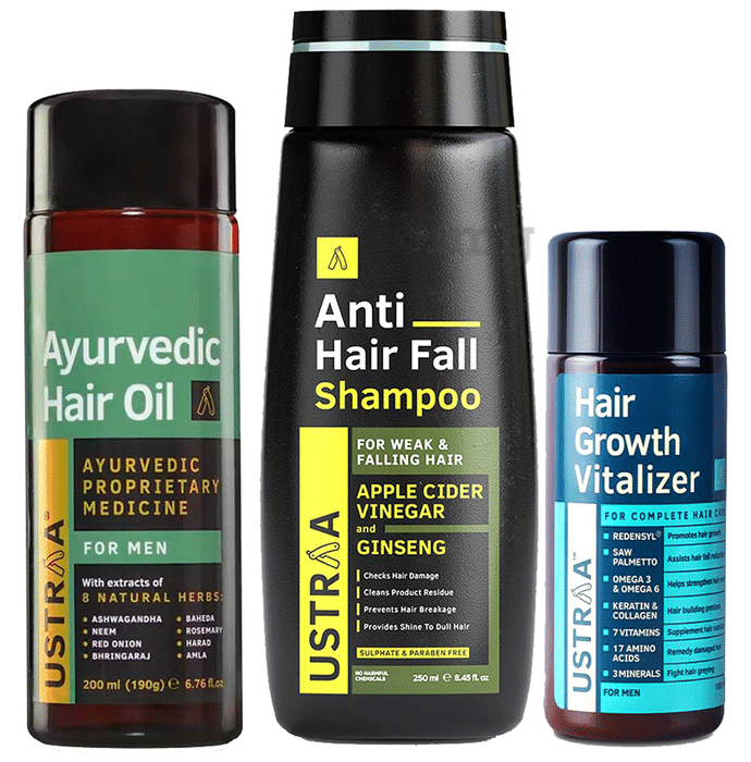 Ustraa Combo Pack of Ayurvedic Hair Oil 200ml, Anti Hair Fall Shampoo 250ml & Hair Growth Vitalizer 100ml