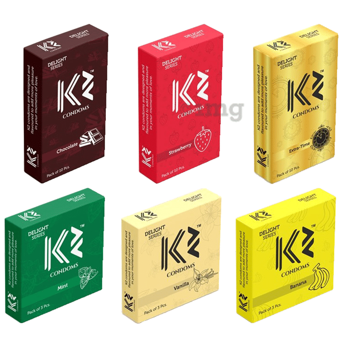 K2 Combo Pack of Dotted Condom Chocolate,Strawberry,Extra Time(10Pc Each) Mint,Vanilla,Banana(3pc Each)