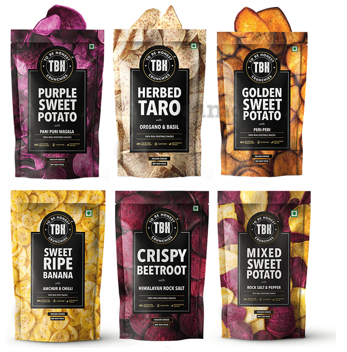TBH Combo Pack of Purple Sweet Potato Chips 90gm,  Herbed Taro 85gm, Golden Sweet Potato 90gm, Sweet Ripe Banana 90gm, Crispy Beetroot 60gm & Mixed Sweet Potato 90gm