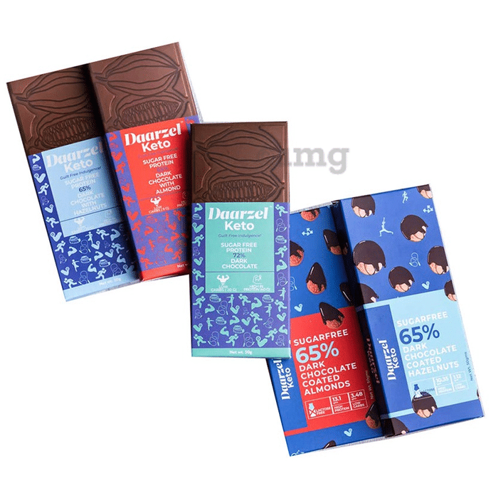 Daarzel Keto Combo Pack of 65% Dark Chocolate with Hazelnuts, 65% Dark Chocolate with Almond, 65% Dark Chocolate Coated Almonds, 65% Dark Chocolate Coated Hazelnuts & 72% Dark Chocolate (50gm Each)