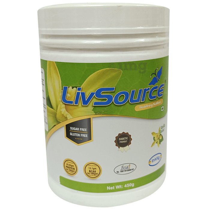 LivSource Powder with Protein & BCAA for Muscle Growth | Sugar & Gluten Free | Flavour Vanilla