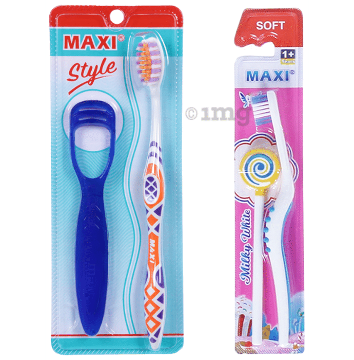Maxi Oral Care Family Pack of 1  Style Toothbrush & Tongue Cleaner 1 Milky White Baby Toothbrush and Tongue Cleaner