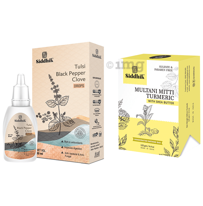 Siddhik Combo Pack of Tulsi Black Pepper Clove Drop 30ml & Multani Mitti Turmeric With Shea Butter Soap 125gm