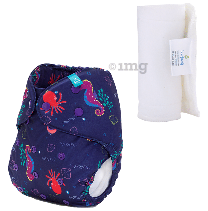 Bumberry Adjustable Reusable Cloth Pocket Diaper With 1 Three-Layer Microfiber Inserts for Babies Seahorse