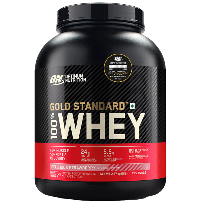 Optimum Nutrition (ON) Gold Standard 100% Whey Protein | For Muscle Recovery | No Added Sugar | Flavour Powder Delicious Strawberry