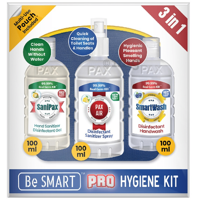 Paxchem 3 in 1 Be Smart Pro Hygiene Kit - SaniPax Hand Sanitizer Disinfectant Gel, PaxAir Disinfectant Sanitizer Spray, Smart Wash Disinfectant Handwash (100ml Each)