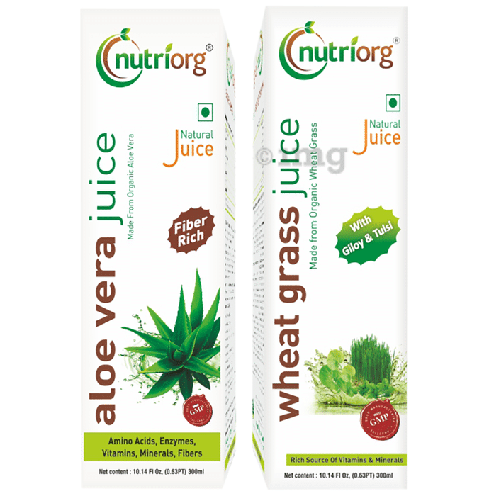 Nutriorg Combo Pack of Aloe Vera Juice & Wheat Grass with Giloy & Tulsi Juice (300ml Each)