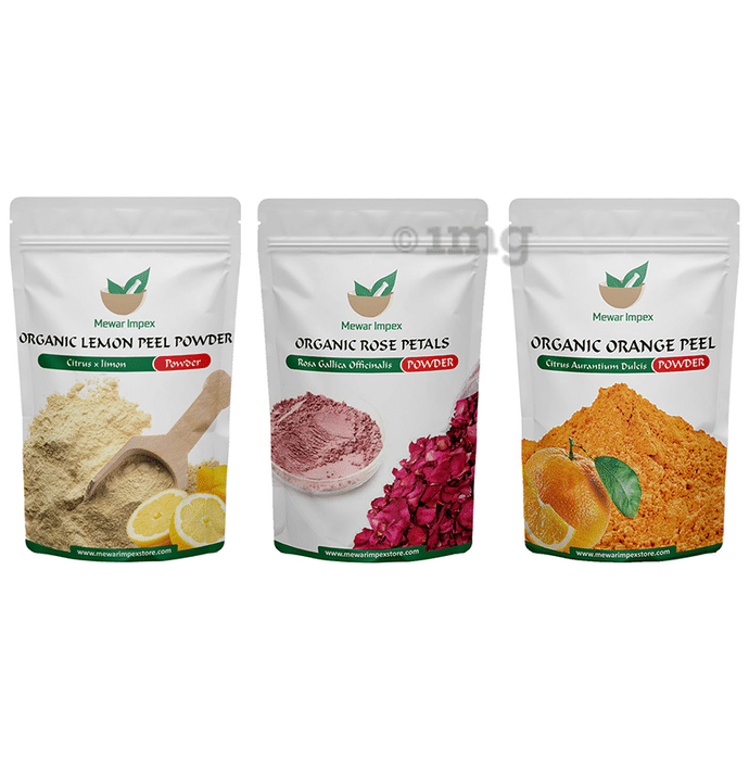 Mewar Impex Combo Pack of Organic Rose Petals Powder, Organic Lemon Peel Powder & Organic Orange Peel Powder (100gm Each)