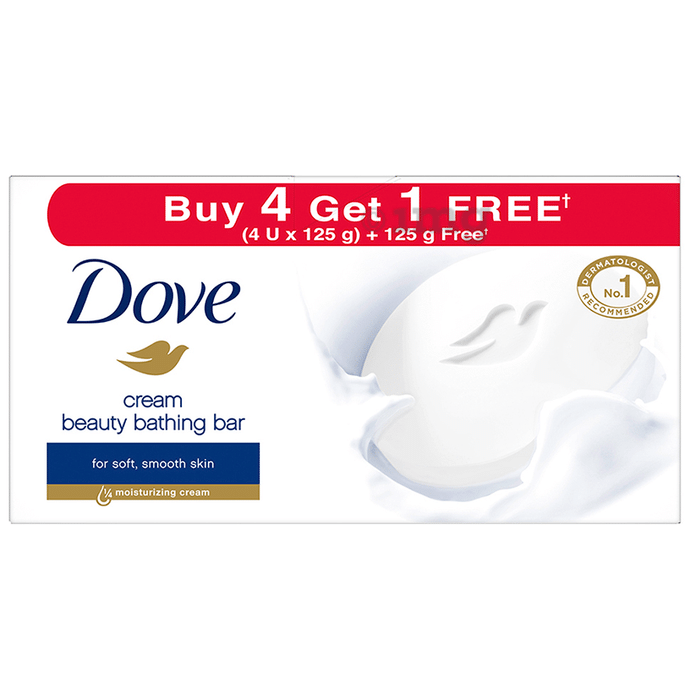 Dove Cream Beauty Bathing Bar for Soft, Smooth & Moisturised Skin (125gm Each) Buy 4 Get 1 Free