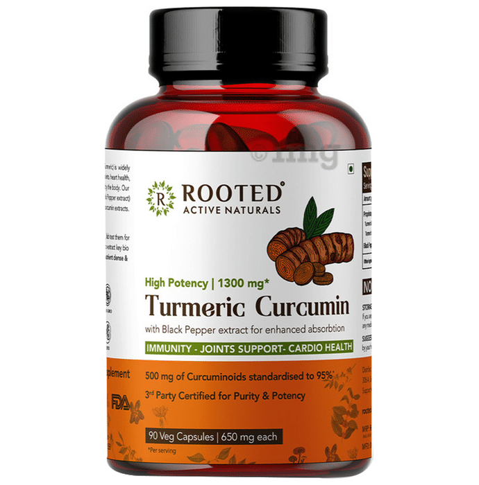 Rooted Active Naturals High Potency Turmeric Curcumin with Black Pepper Extract 1300mg Veg Capsule