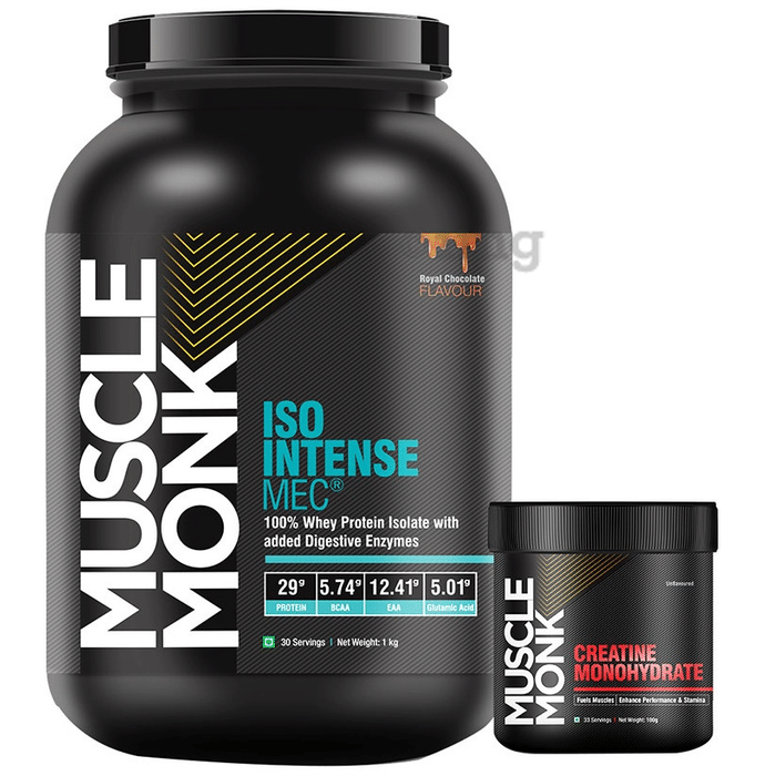 Muscle Monk Combo Pack of Iso Intense MEC 100% Whey Protein Isolate Royal Chocolate 1kg & Creatine Monohydrate Unflavoured 100gm