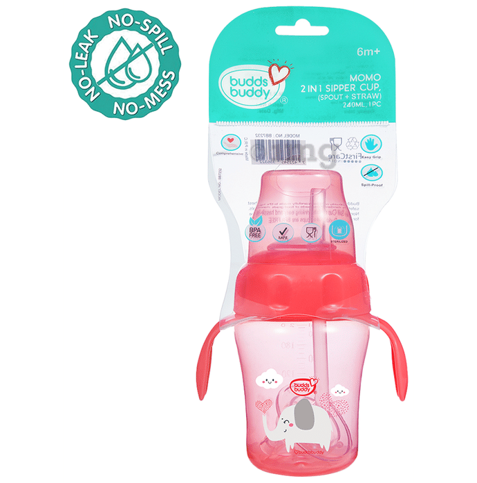 Buddsbuddy BPA Free Anti Spill Design Momo 2 in 1 Baby Sipper (Spout + Straw) Cup Pink