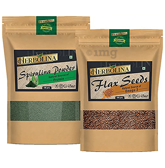 Herbolina Combo Pack of Spirulina Powder & Flax Seeds (100gm Each)