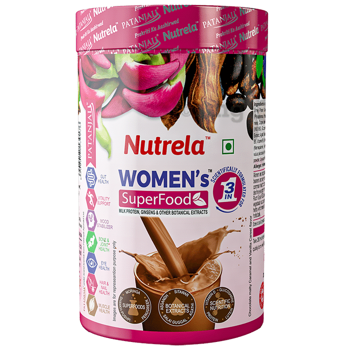 Patanjali Nutrela Women's Superfood Powder Chocolate Malty Caramel and Vanilla Careel