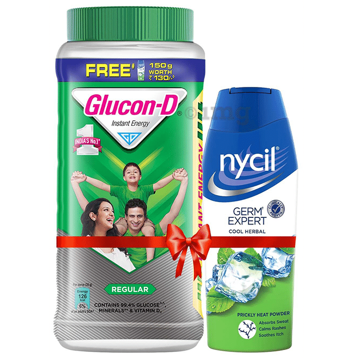 Glucon-D Instant Energy Health Drink Regular with 150gm Nycil Cool Herbal Powder  Free