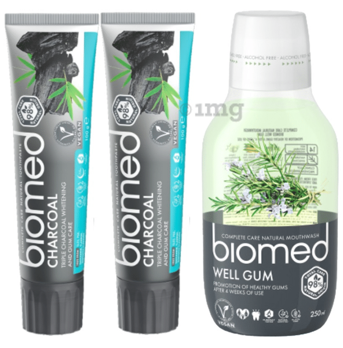 Biomed Complete Care Natural Toothpaste (100gm Each) Charcoal Buy 2 Get 1 Biomed Well Gum Mouthwash Free