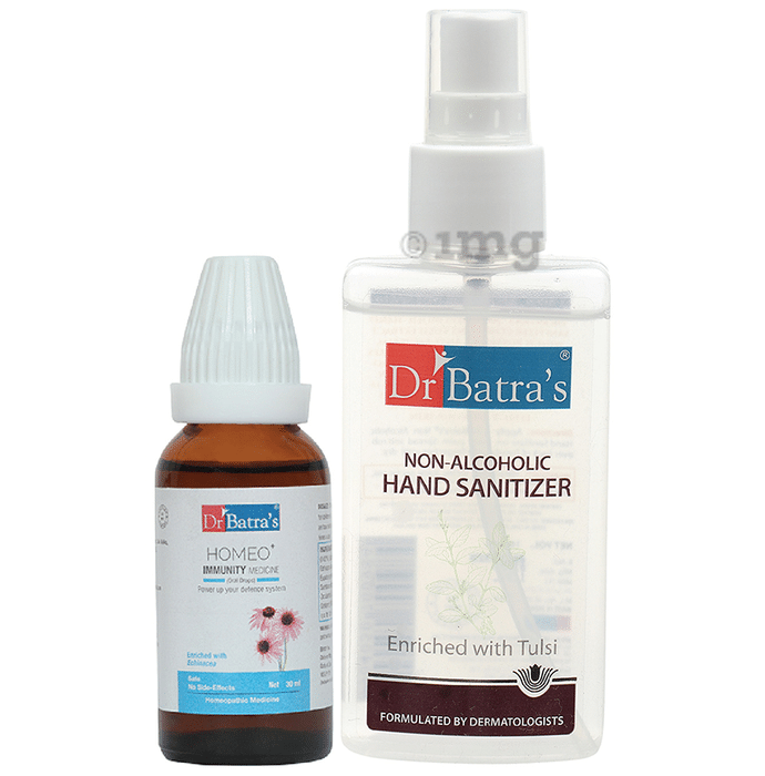 Dr Batra's Combo Pack of Homeo+ Immunity Medicine Oral Drops 30ml and Non-Alcoholic Hand Sanitizer 100ml