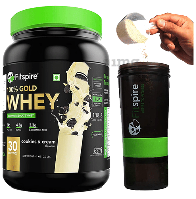 Fitspire 100% Gold Whey Advanced Isolate Protein Powder Cookies & Cream with Shaker Free