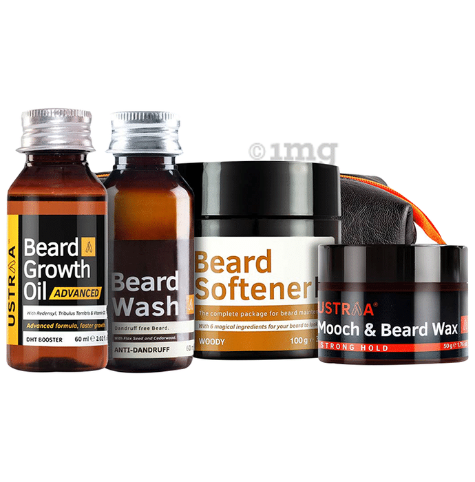 Ustraa Beard Lover's Pack (Combo Pack of Beard Growth Oil 60ml, Anti-Dandruff Beard Wash 60ml, Mooch & Beard Wax 50gm & Beard Softener 100gm)