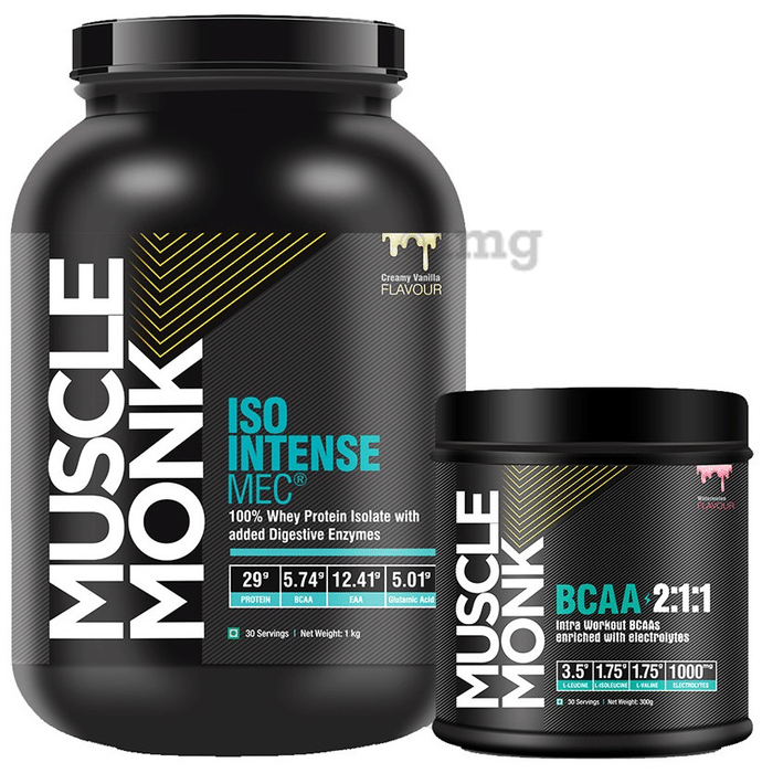 Muscle Monk Combo Pack of Iso Intense MEC 100% Whey Protein Isolate Creamy Vanilla 1kg & BCAA 2:1:1 Watermelon 300gm