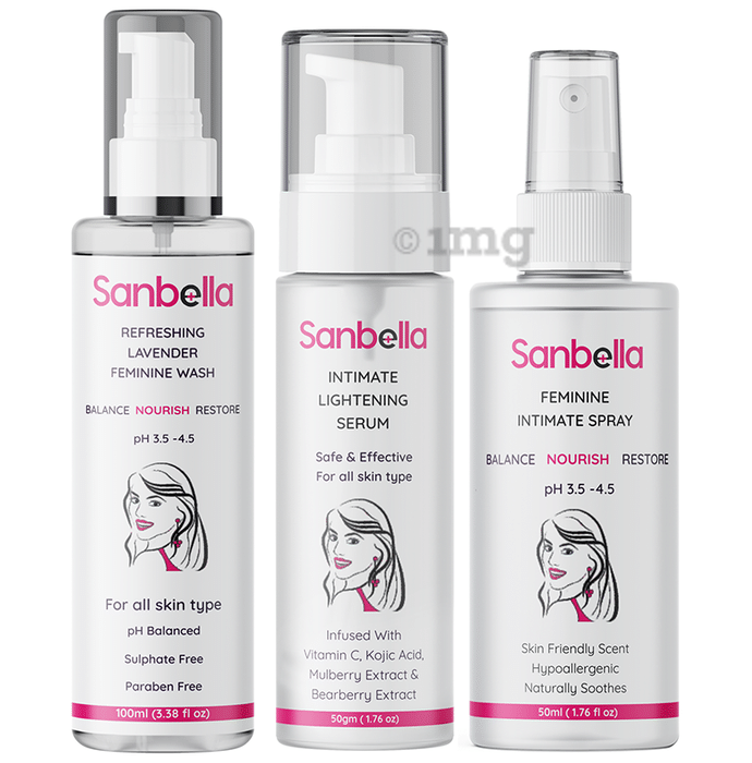 Sanbella Combo Pack of Refreshing Lavender Feminine Wash 100ml, Intimate Lightening Serum 50gm & Feminine Intimate Spray 50ml