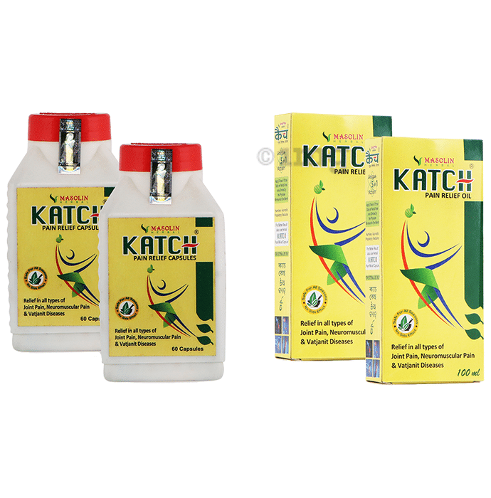 Masolin Herbal Combo Pack of 2 Bottle of Katch Pain Relief Capsule (60 Each) & 2 Bottle of Katch Pain Relief Oil (100ml Each)