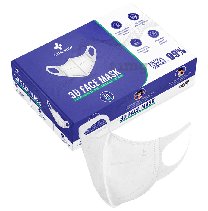Care View 3 Dimensional Disposable Face Mask with 4 Layered Filtration and Soft Non-Woven Spandex Ear Loops White Box