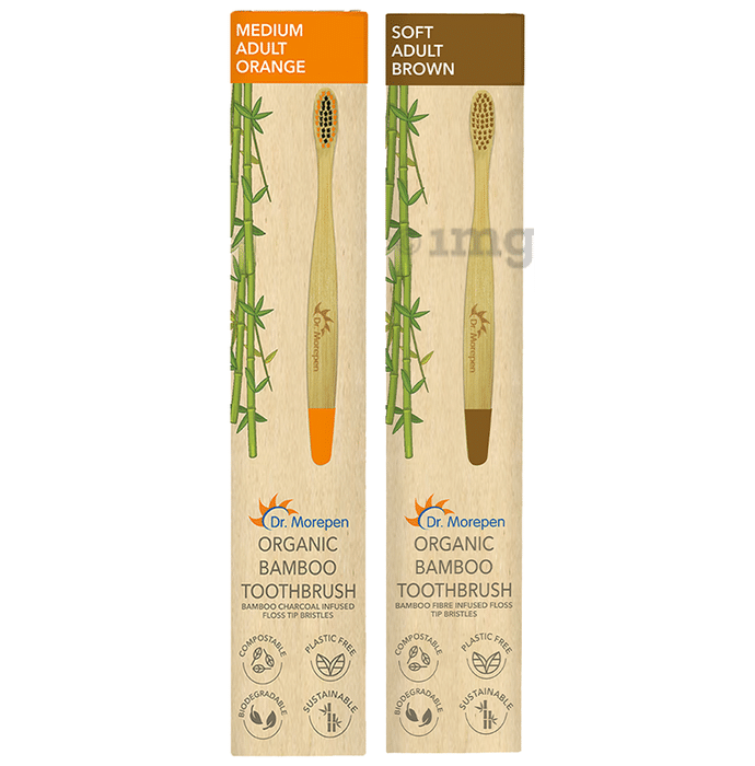 Dr. Morepen Organic Bamboo Toothbrush Adult 1 Medium & 1 Soft Orange & Brown