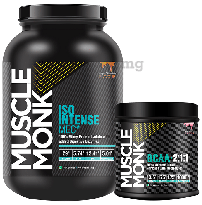 Muscle Monk Combo Pack of Iso Intense MEC 100% Whey Protein Isolate 1kg & BCAA 2:1:1 300gm Royal Chocolate & Watermelon
