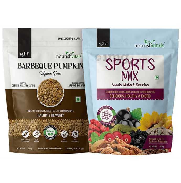 NourishVitals Combo Pack of Barbeque Pumpkin Roasted Seeds and Sports Mix Seeds, Nuts & Berries (200gm Each)