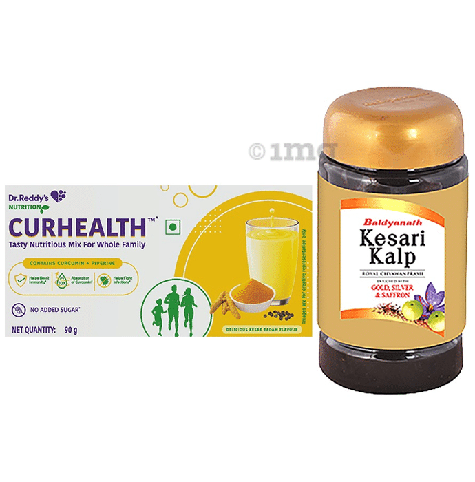 Combo Pack of Dr. Reddy's Nutrition Curhealth Tasty Nutritious Mix for Whole Family Delicious Kesar Badam 90gm & Baidyanath Kesari Kalp Royal Chyawanprash 1kg