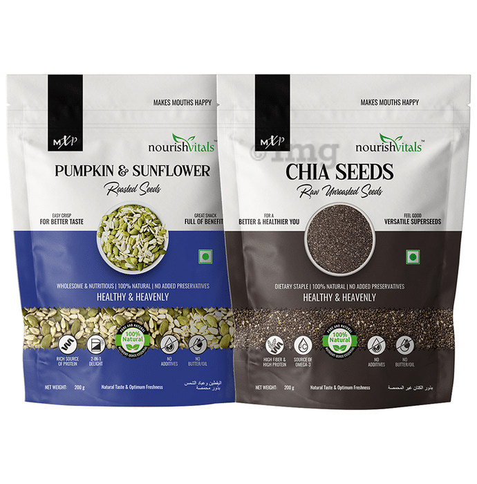 NourishVitals Combo Pack of Pumpkin & Sunflower Roasted Seeds and Chia Seeds Raw Unroasted (200gm Each)