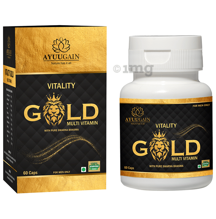 Ayuugain Vitality Gold Capsule Multivitamin For Energy, Stamina & Immunity Booster with Pure Swarna Bhasma for Men (60 Capsule) Capsule