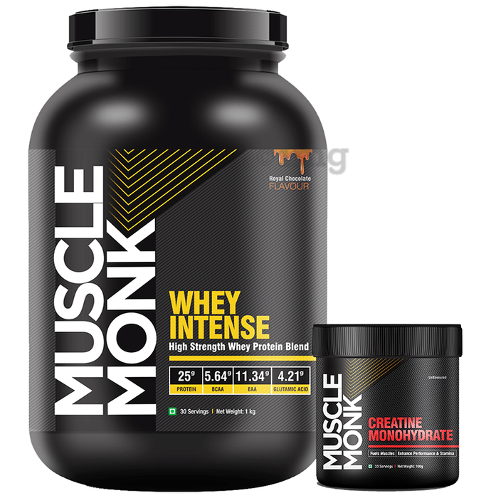 Muscle Monk Combo Pack of Whey Intense High Strength Whey Protein Blend 1kg & Creatine Monohydrate 100gm Royal Chocolate & Unflavoured