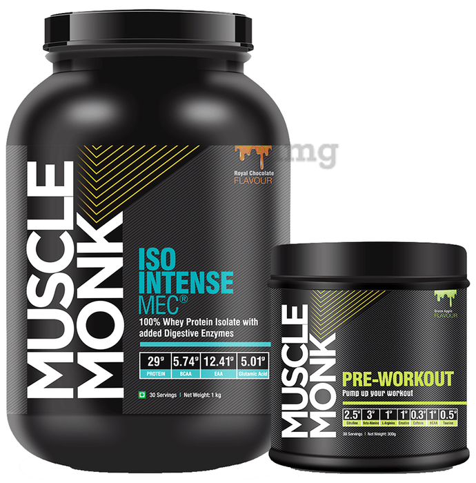 Muscle Monk Combo Pack of Iso Intense MEC 100% Whey Protein Isolate 1kg & Pre-Workout 300gm Royal Chocolate & Green Apple