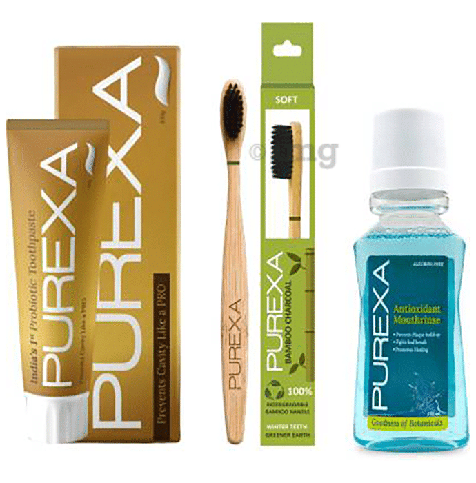 Purexa Combo Pack of Probiotic Toothpaste 100gm, Antioxidant Mouthrinse 150ml & Bamboo Charcoal Toothbrush Soft