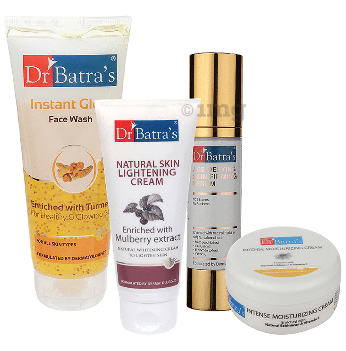 Dr Batra's Combo Pack of Instant Glow Face Wash 200gm, Natural Skin Lightening Cream 100gm, Age Defying Skin Firming Serum 50gm and Intense Moisturizing Cream 100gm
