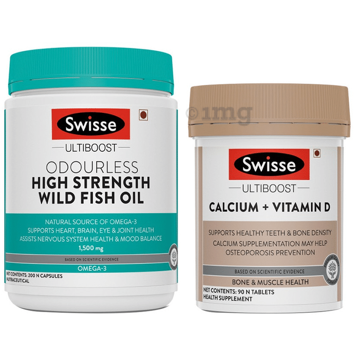 General Wellness Combo-Swisse Ultiboost Odourless High Strength Wild Fish Oil 1500mg 200 Capsule & Calcium+Vitamin D 90 Tablet