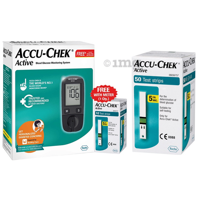 Accu-Chek Active Combo of Glucometer with 10 Test Strip Free and 50 Test Strips