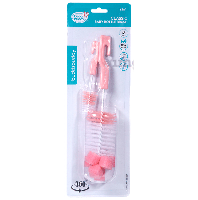 Buddsbuddy 2 in 1 Classic Baby Bottle and Nipple Cleaning Brush Pink