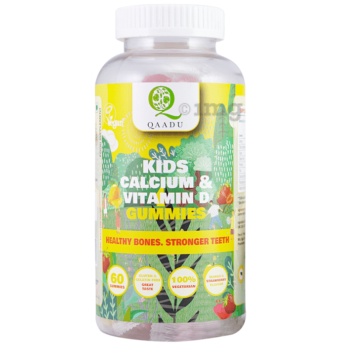 Qaadu Kids Calcium & Vitamin D Gummies | For Healthy Bones & Teeth | Flavour Mango & Strawberry