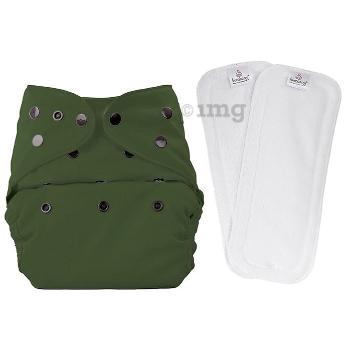 Bumberry Adjustable Reusable Cloth Diaper Cover with 2 Wet Free Insert For Babies Olive