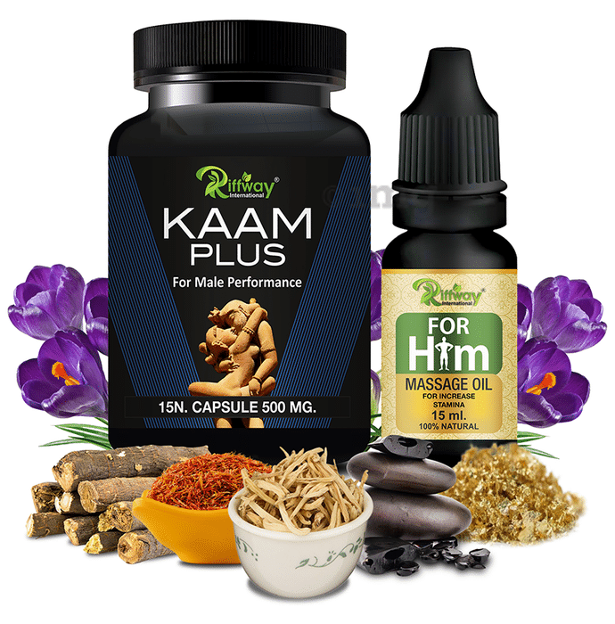 Riffway International Combo Pack of Kaam Plus15 Capsule &  For Him Massage Oil 15ml