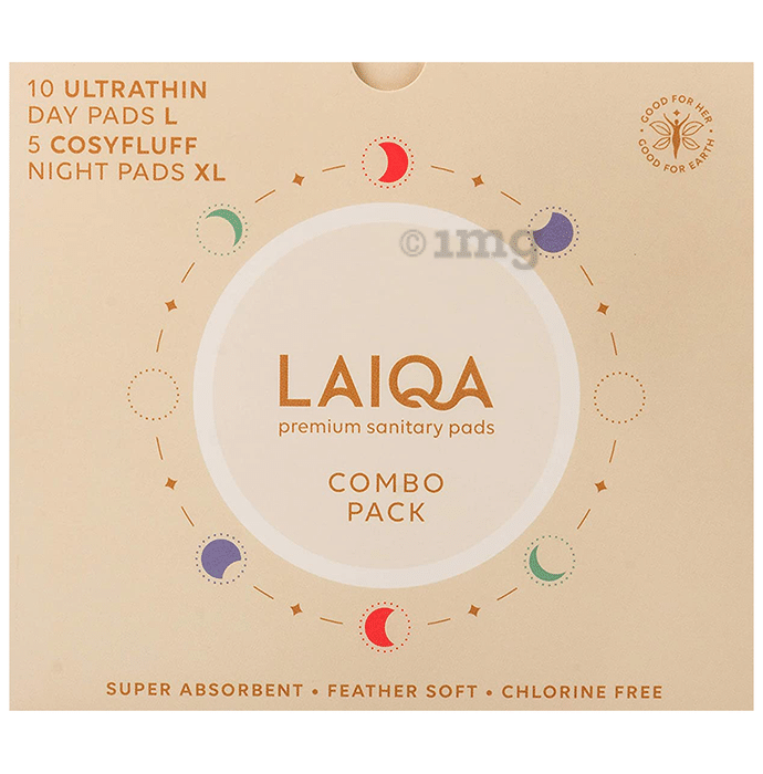Laiqa Pads Combo Pack of Premium Sanitary Pads (10 Ultrathin Day Large and 5 Cosyfluff Night XL)