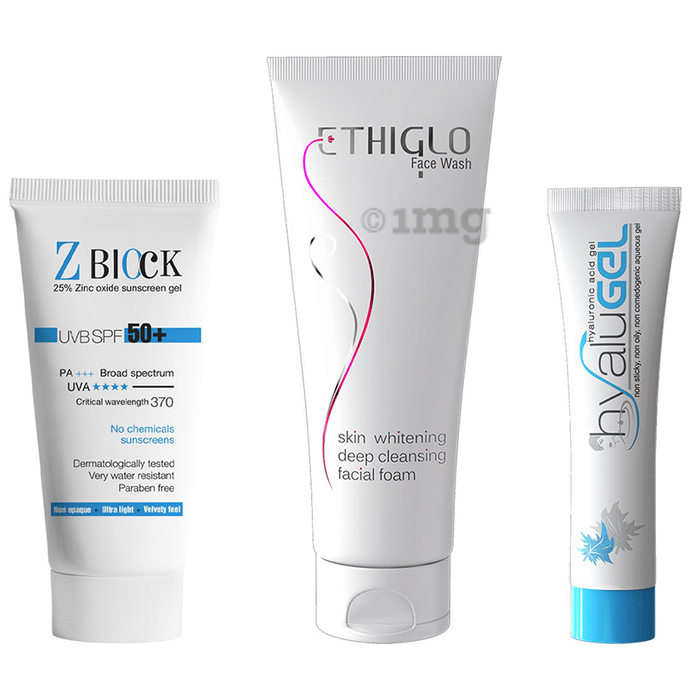 Ethicare Remedies Combo Pack of Ethiglo Face Wash 70ml, Z Block UVB SPF 50+ Sunscreen Gel 50ml & Hyalugel 30gm