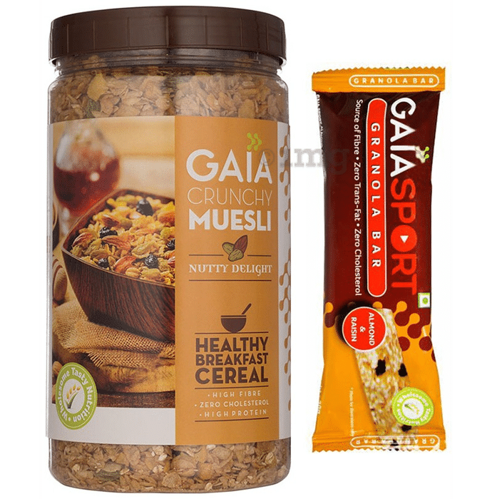 Musli & Nutritional Bar Combo of GAIA Crunchy Muesli Nutty Delight 1kg and GAIA Granola Almond & Raisin Bar 30gm