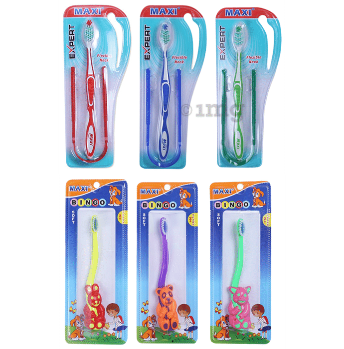 Maxi Oral Care Family Pack of 3 Bingo Junior Toothbrush, 3 Adult Expert Toothbrush and 3 Tongue Cleaner